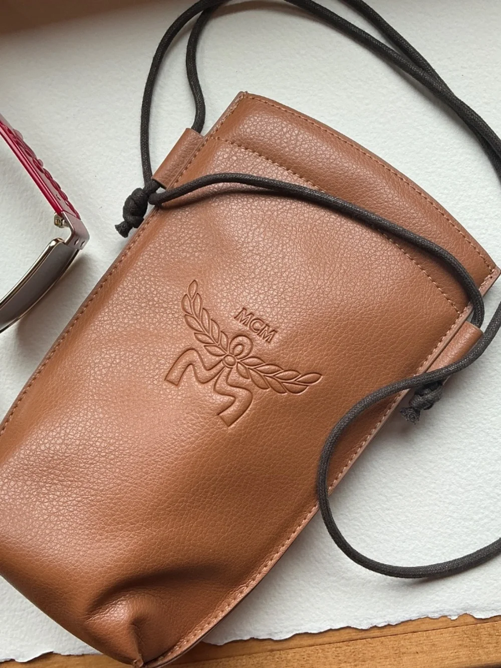 MCM Red and Gold Shield Sunglasses with crossbody case